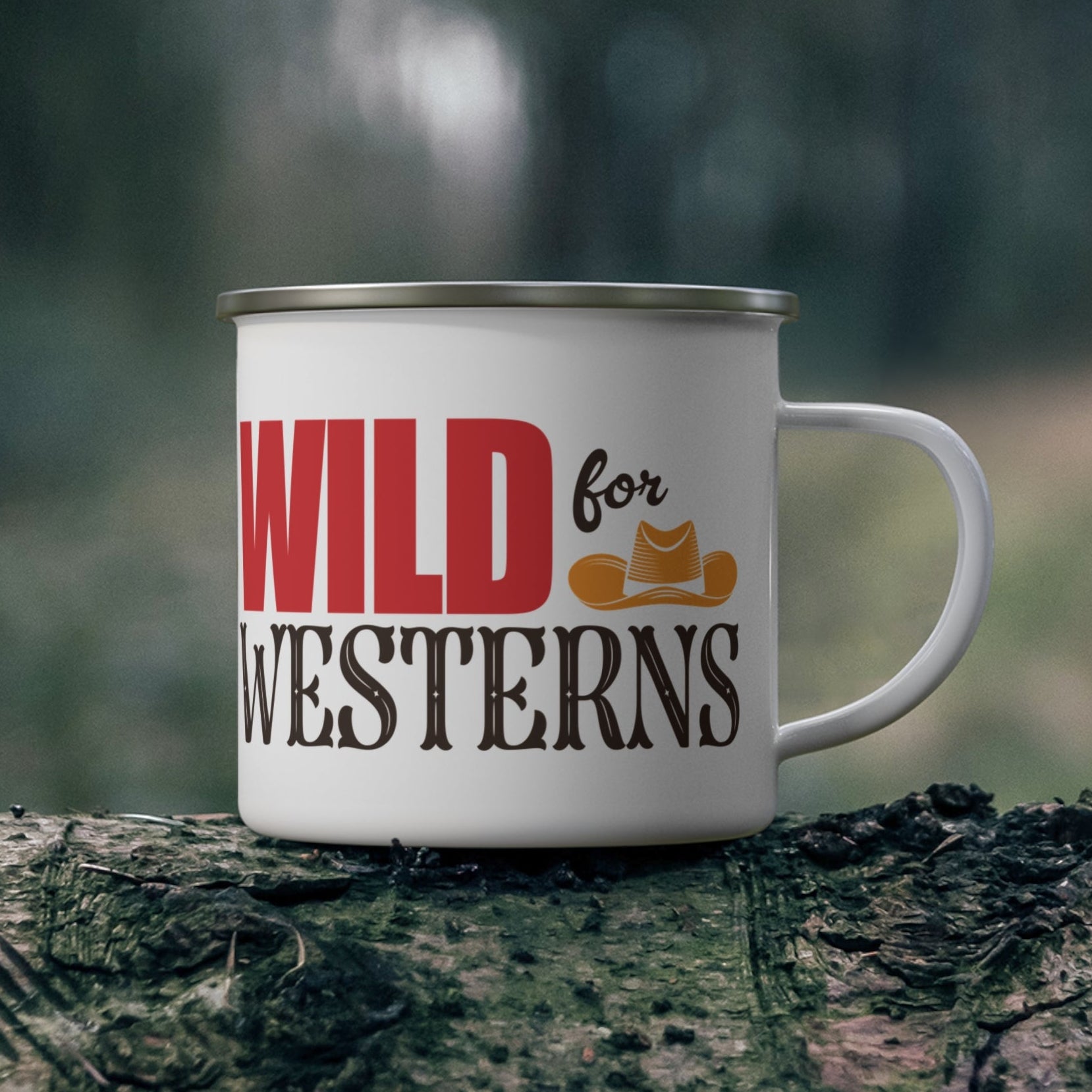 Wild for Westerns Enamel Camping Mug — Retro Cowboy Travel Cup